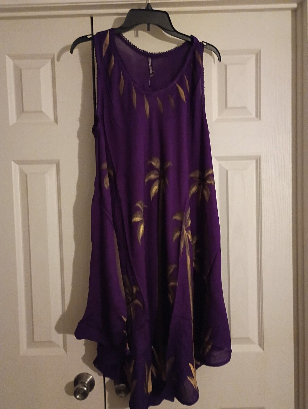 Purple Sleeveless Palm-Print Swing Dress